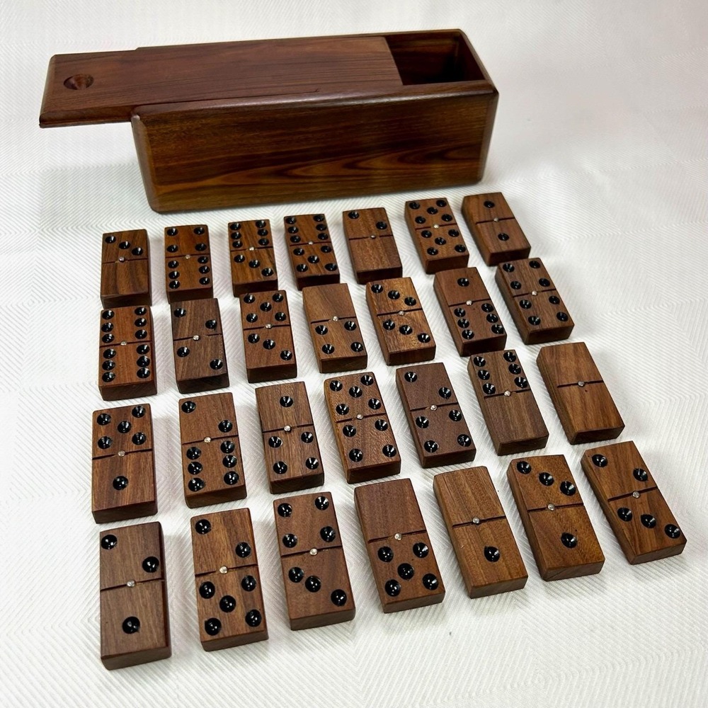 VTG Wood Double Domino & Brass Set w/ Wood Slide Box Holder Beautiful Wood Grain